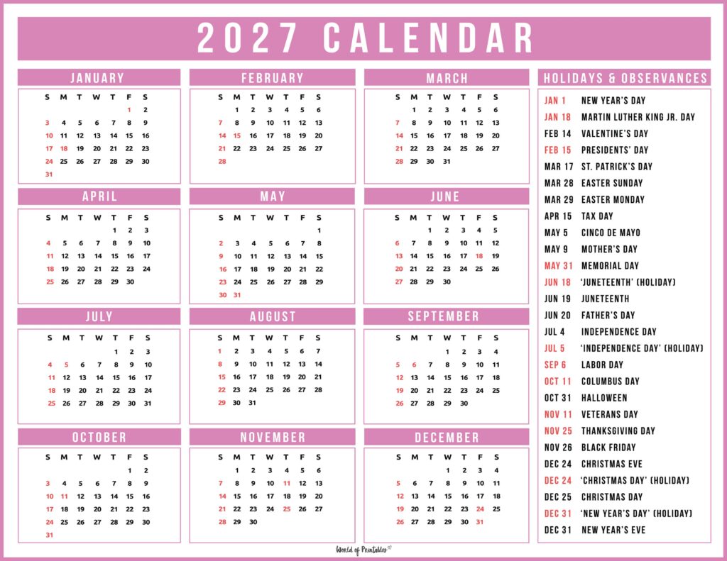 2027 Calendar with Holidays 40