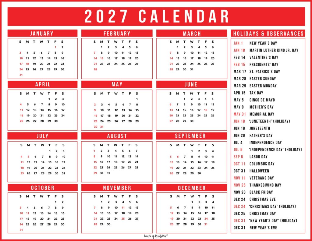 2027 Calendar with Holidays 41