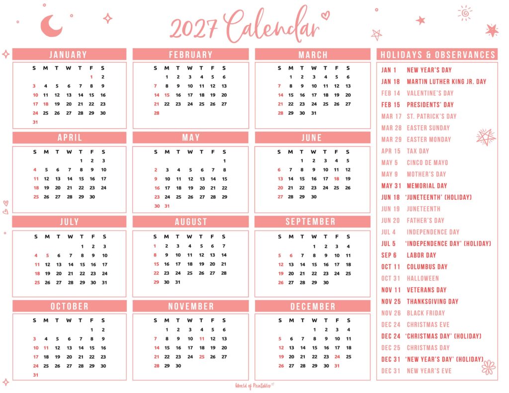 2027 Calendar with Holidays 42