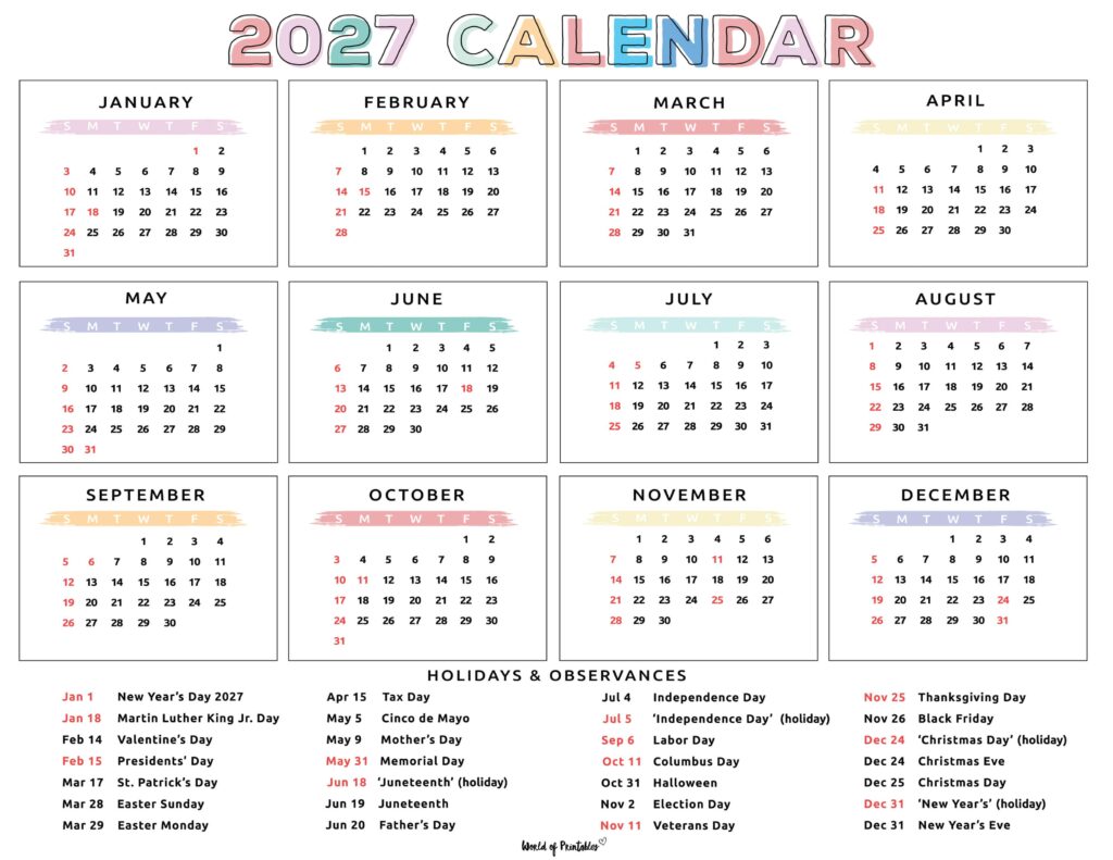 2027 Calendar with Holidays 43