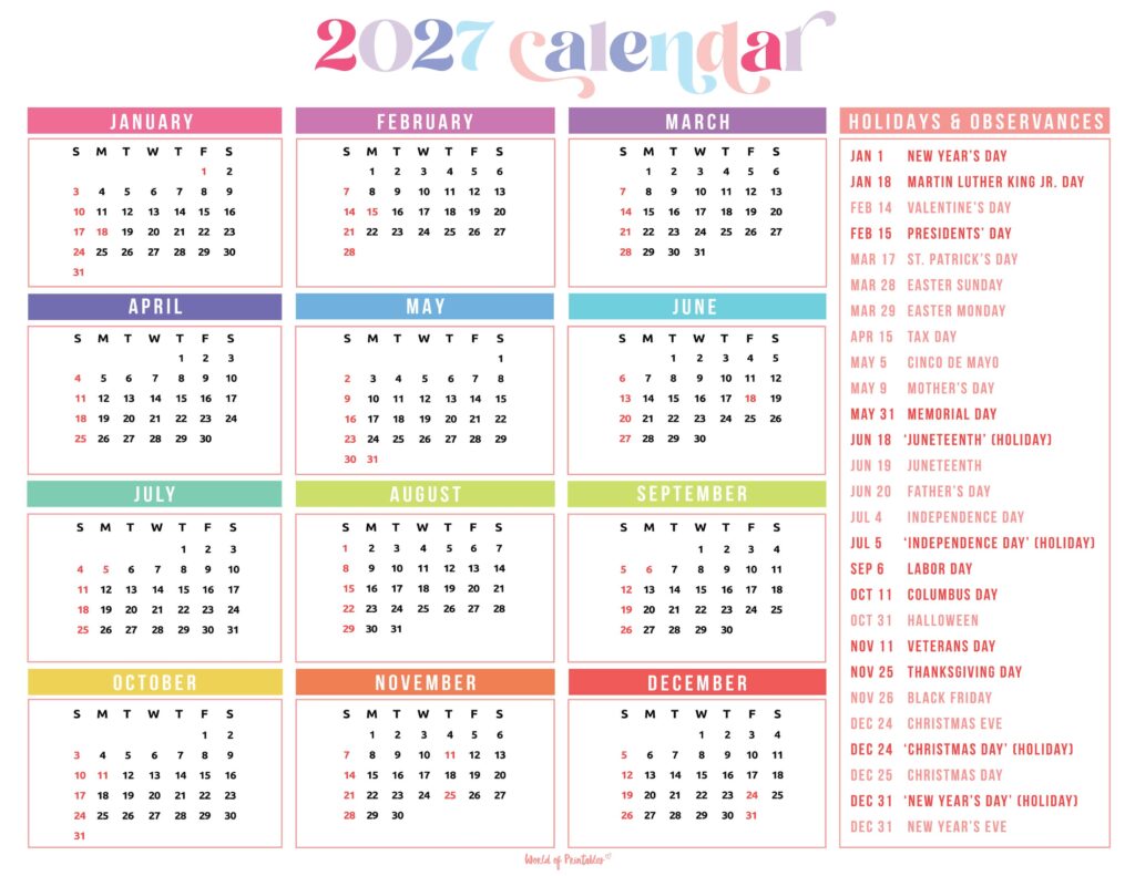 2027 Calendar with Holidays 44