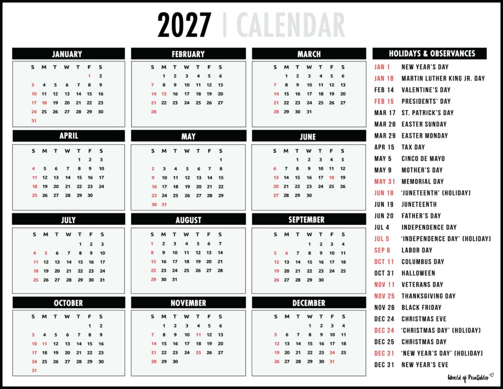 2027 Calendar with Holidays 45