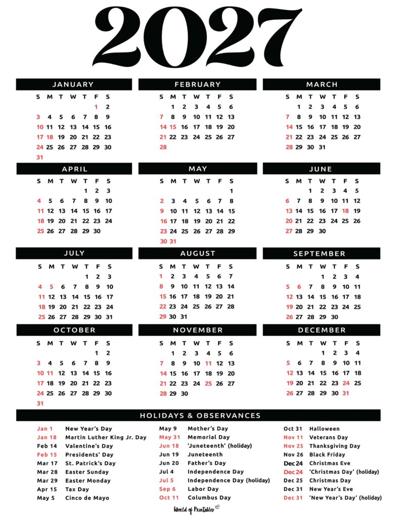 2027 Calendar with Holidays 46