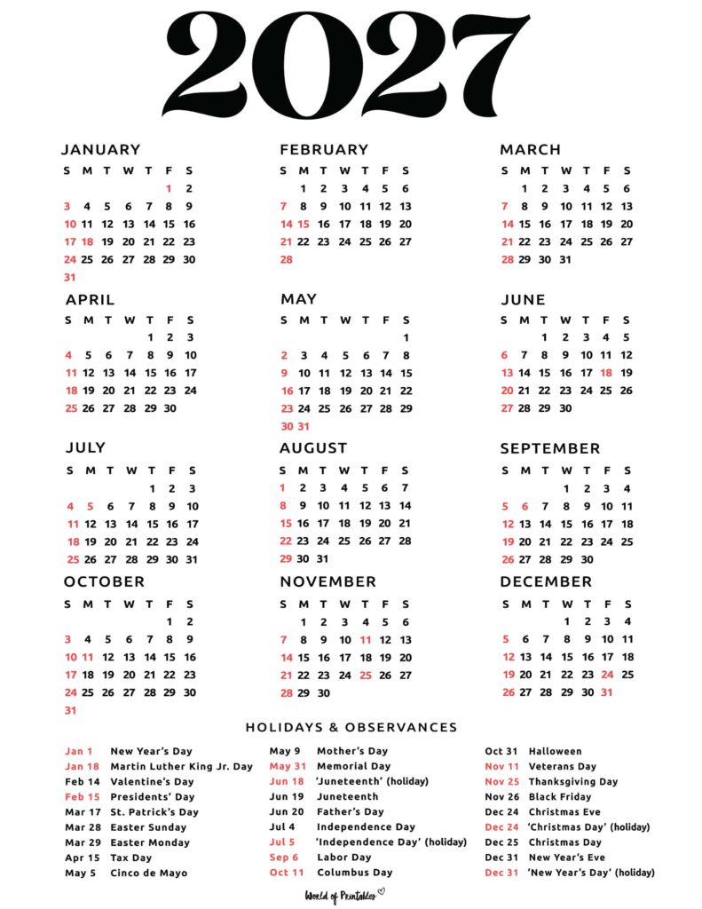 2027 Calendar with Holidays 47
