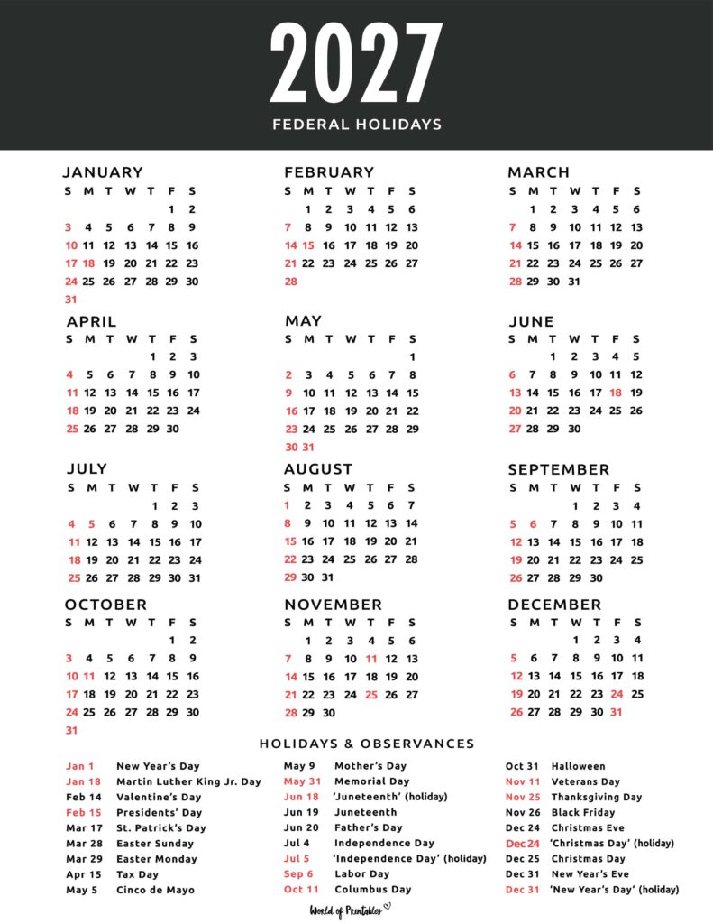 2027 Calendar with Holidays 48