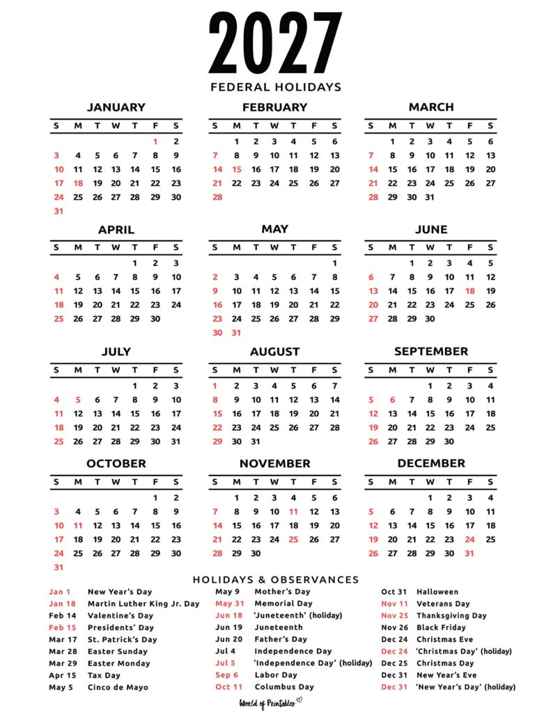 2027 Calendar with Holidays 50