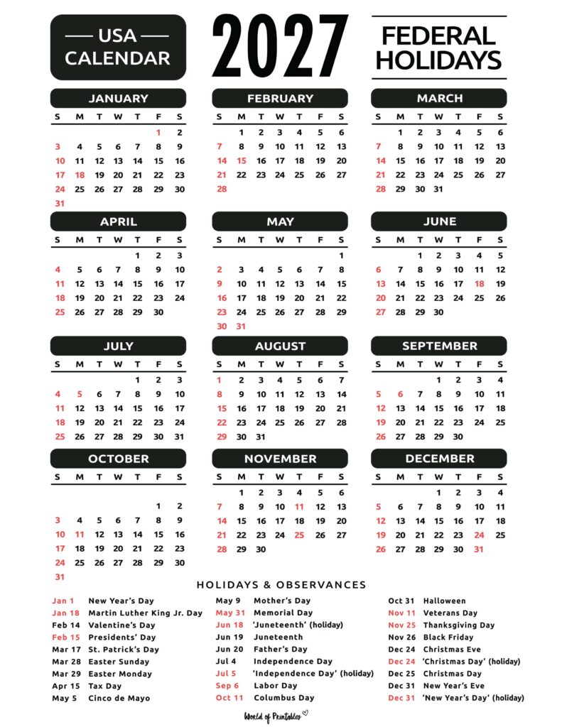 2027 Calendar with Holidays 51