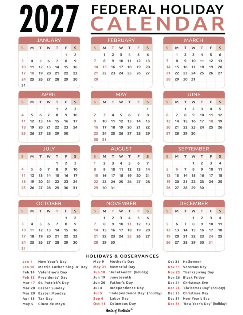 2027 Calendar with Holidays 52