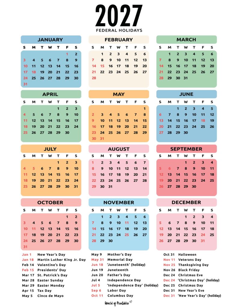 2027 Calendar with Holidays 53