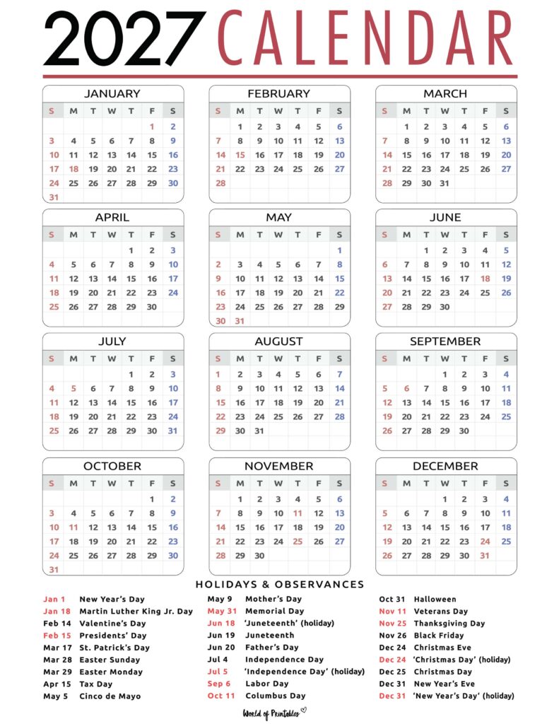 2027 Calendar with Holidays 54