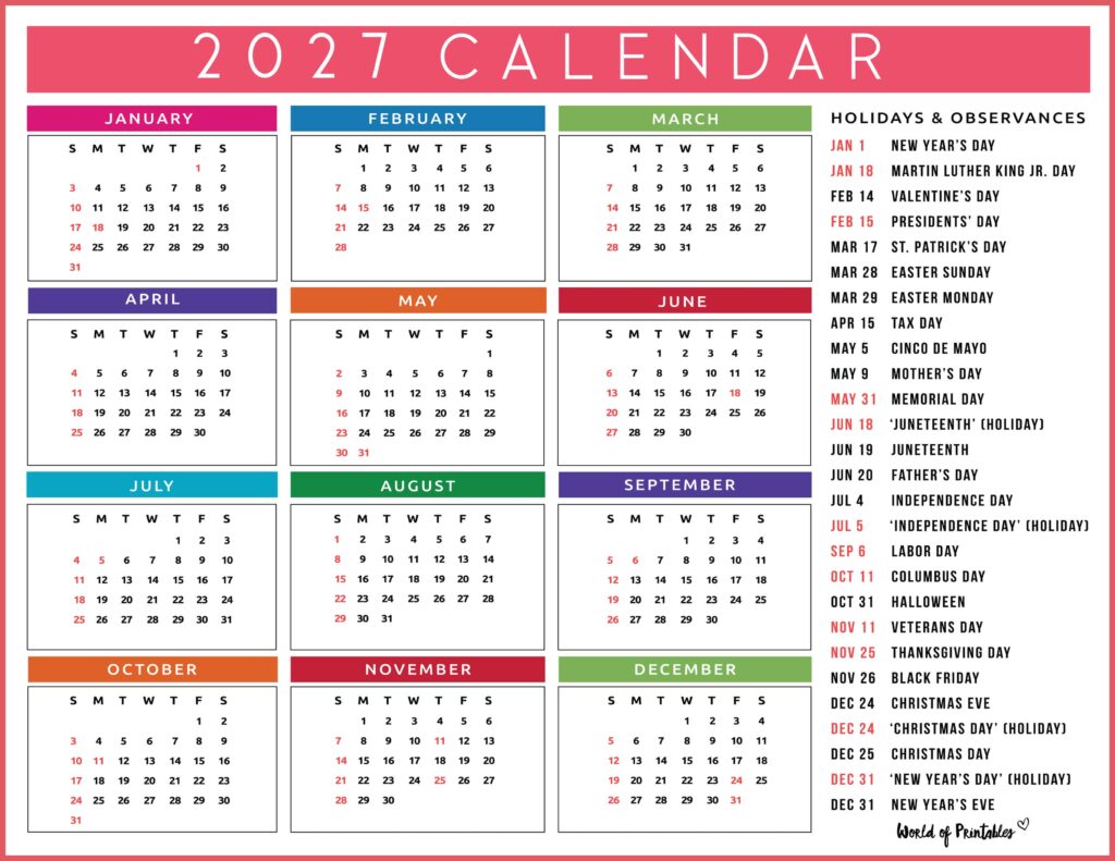 2027 Calendar with Holidays 55