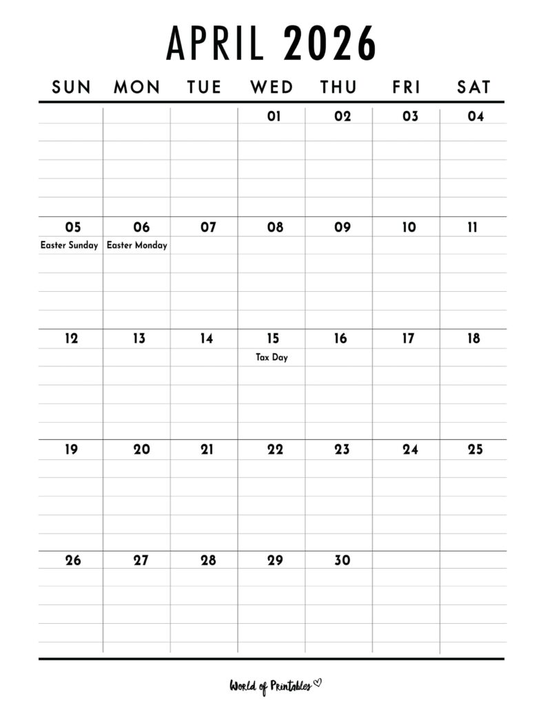 April 2026 Calendar with Holidays 2