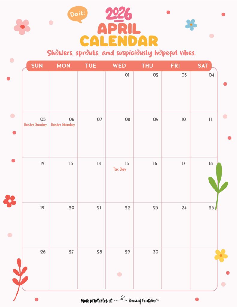 April 2026 Calendar with Holidays 3