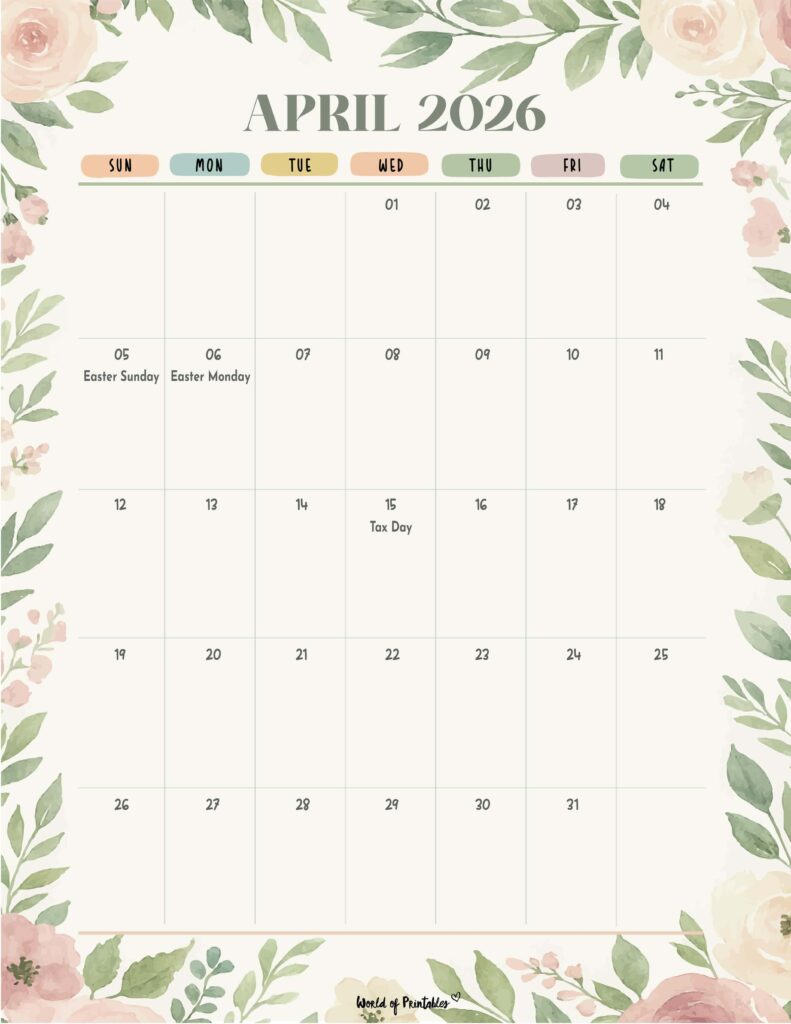 April 2026 Calendar with Holidays 4