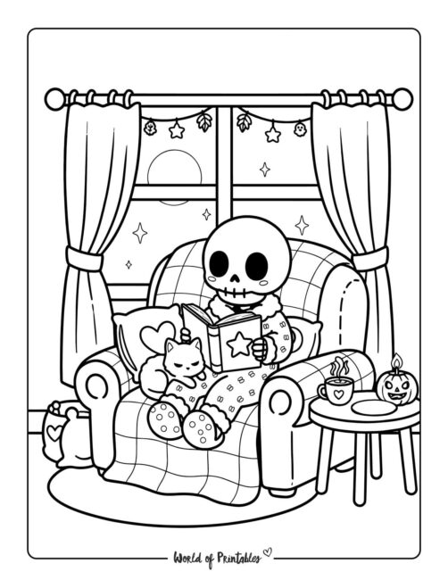 Bedtime Skeleton Spooky Coloring Page