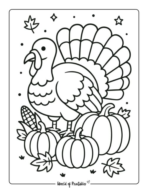 Big Turkey and Pumpkins Free Thanksgiving Coloring Page