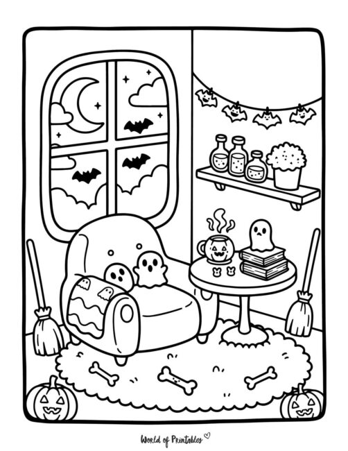 Bold and Easy Scene Halloween Spooky Coloring Page