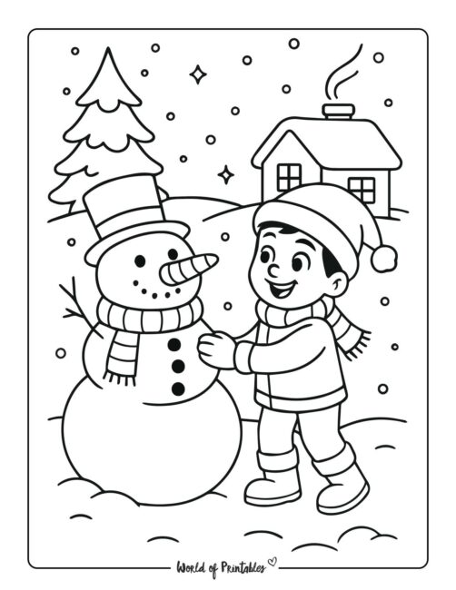 Boy Building Snowman Christmas Coloring Page