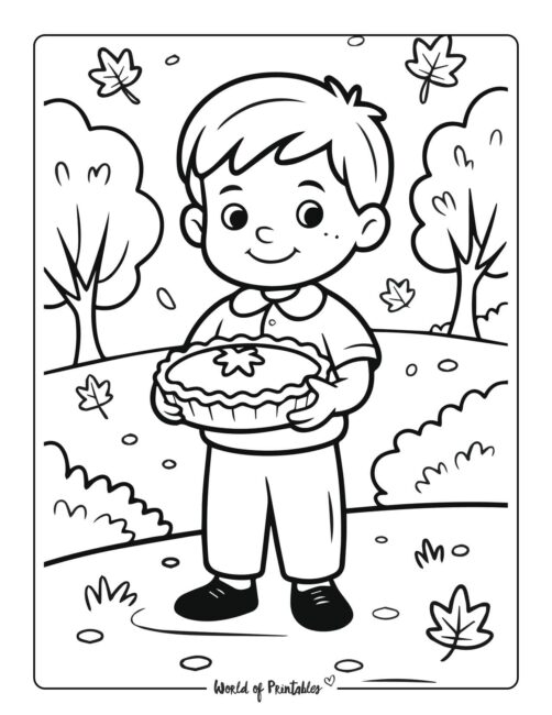 Boy Holding Pumpkin Pie Thanksgiving Printable Coloring Page