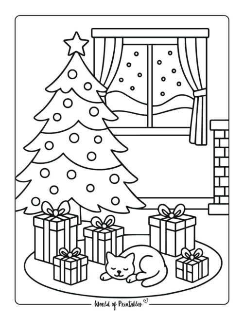 Cat Sleeping Under Christmas Tree Coloring page