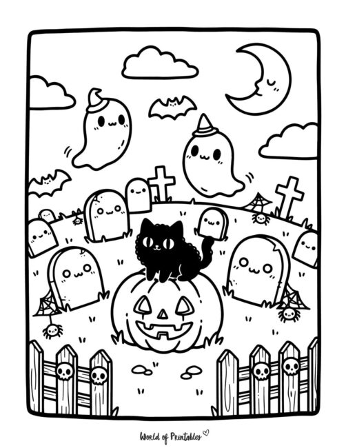 Cat on Pumpkin Spooky Coloring Page