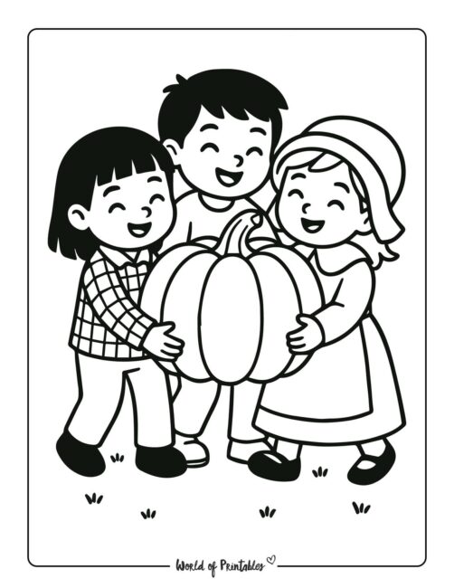 Children Holding a Pumpkin Easy Thanksgiving Coloring Page