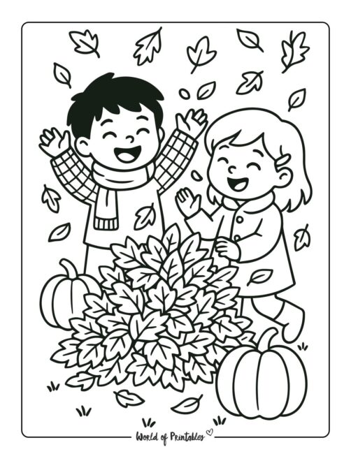 Children Playing in Leaves Thanksgiving Coloring Page for Kids
