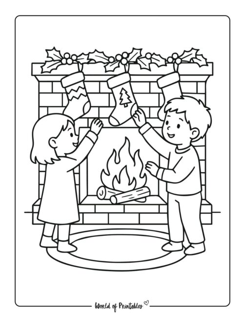 Children and Stockings Christmas Coloring Page
