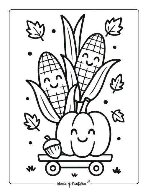 Corn and Pumpkin in Wagon Free Thanksgiving Coloring Page