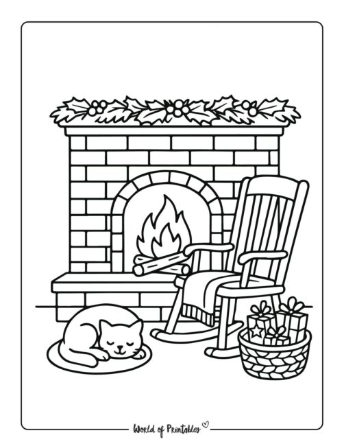 Cozy fire and Cat Christmas Coloring Page