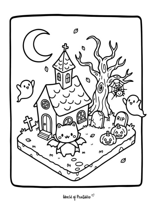 Cute Bat Scene Spooky Coloring Page