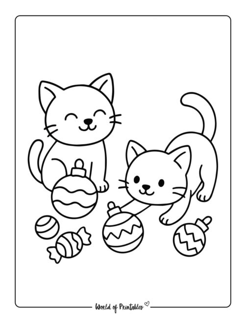 Cute Cats Playing Christmas Coloring Page