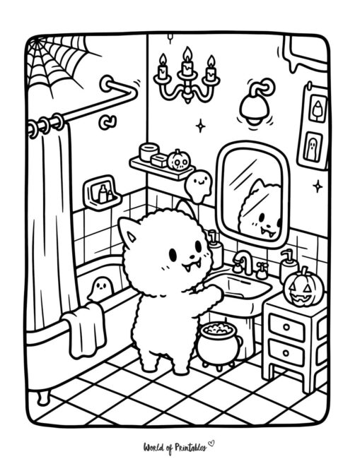 Cute Fuzzy Scene Spooky Coloring Page