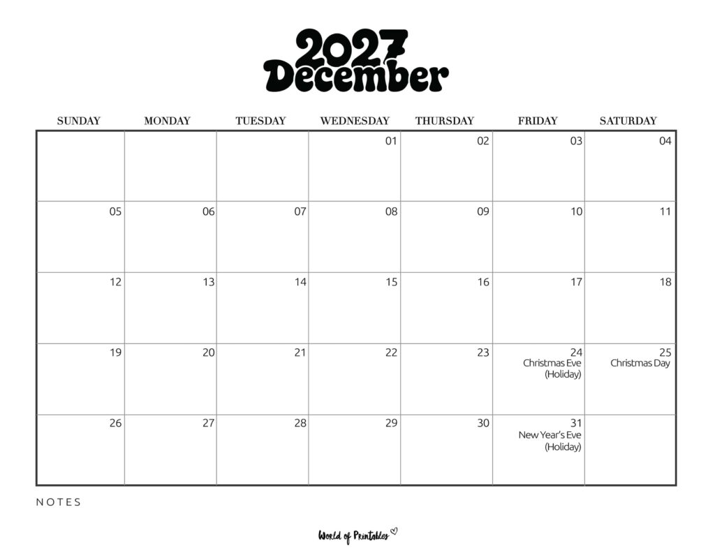 December 2027 Calendar with Holidays 1