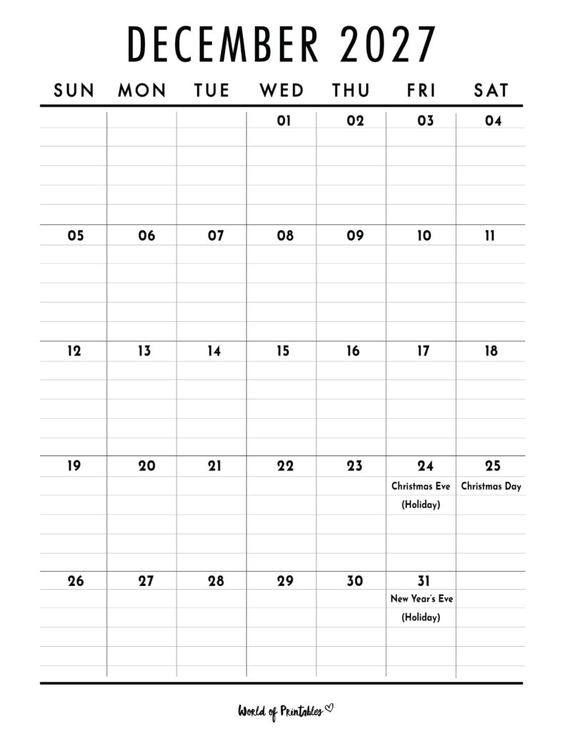 December 2027 Calendar with Holidays 2