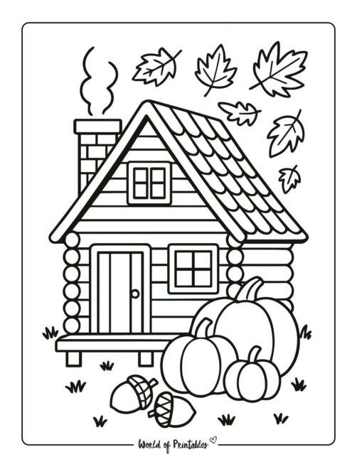 Fall Cabin Thanksgiving Printable PDF Coloring Page