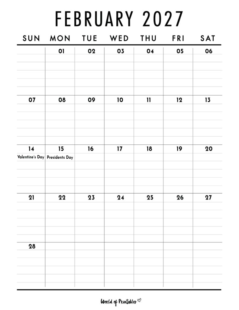 February 2027 Calendar with Holidays 2