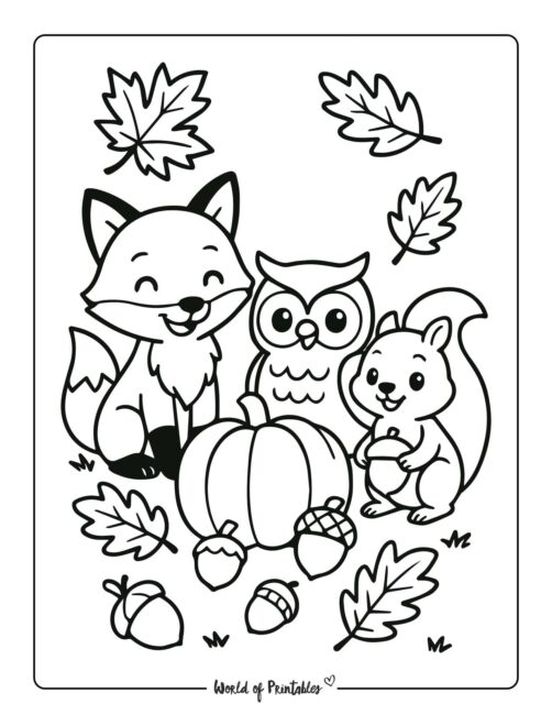 Forest Friends Fun Thanksgiving Coloring Page