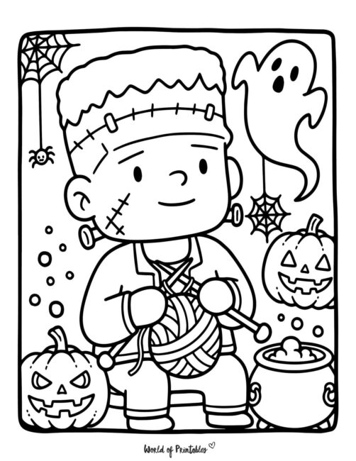 Frankenstein Knitting Spooky Coloring Page