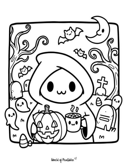 Ghoul and a Cuppy Spooky Coloring Page