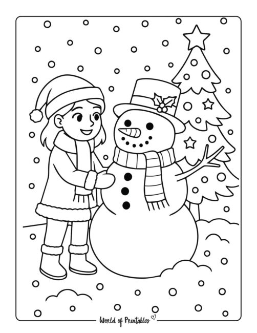 Girl Building Snowman Christmas Coloring Page