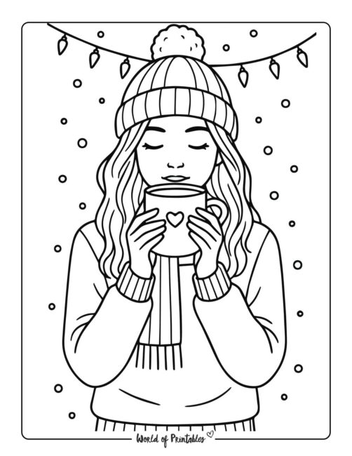 Girl Drinking Cocoa Christmas Coloring Page for Teens