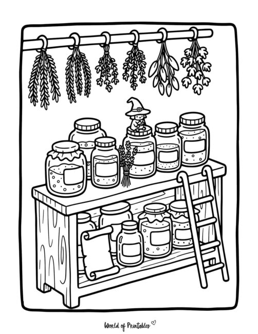 Herbs and Jars Halloween Spooky Coloring Page