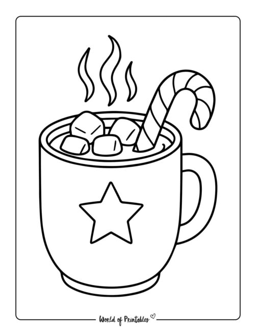 Hot cocoa and Candy Cane Coloring Page