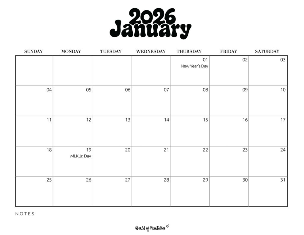 January 2026 Calendar with Holidays 1