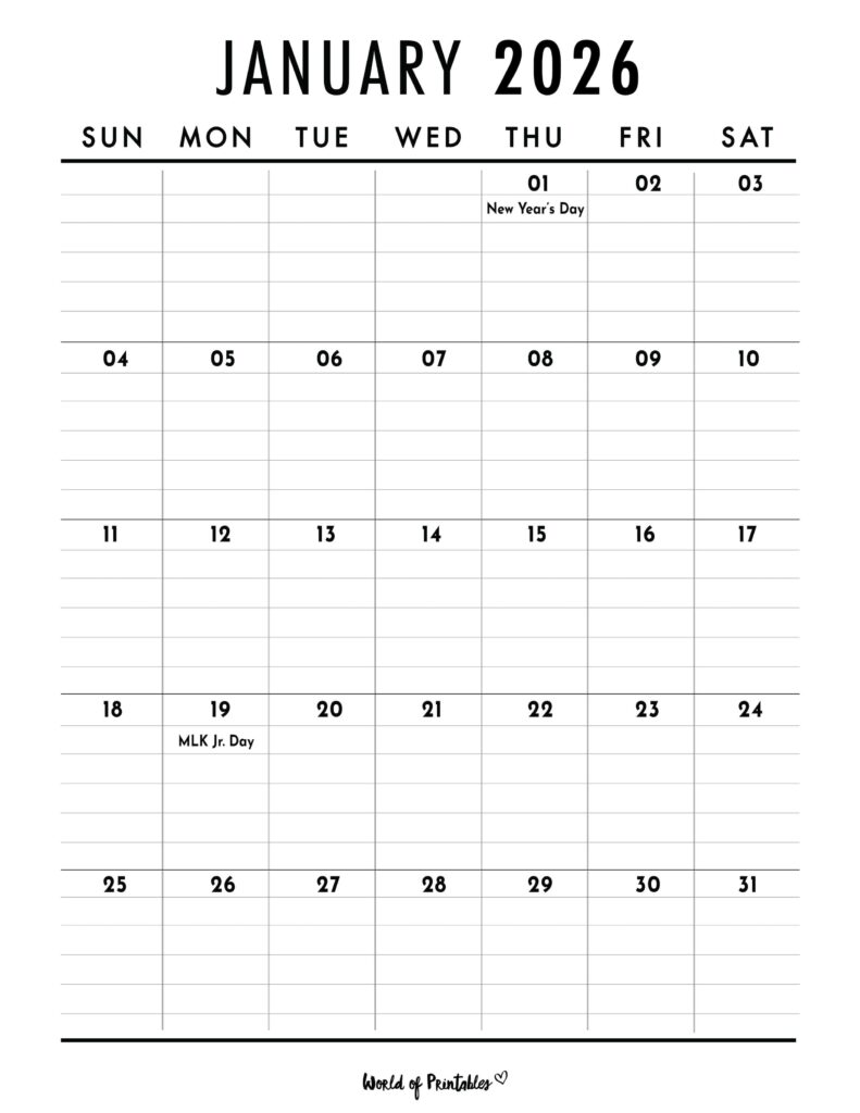 January 2026 Calendar with Holidays 2