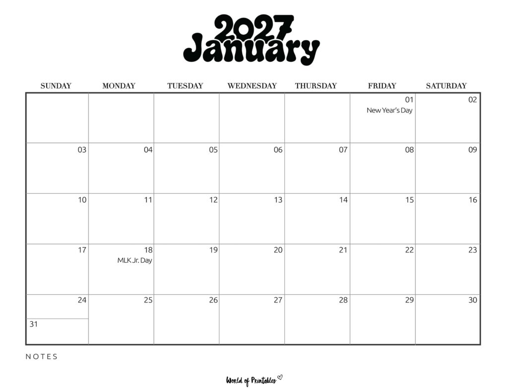 January 2027 Calendar with Holidays 1