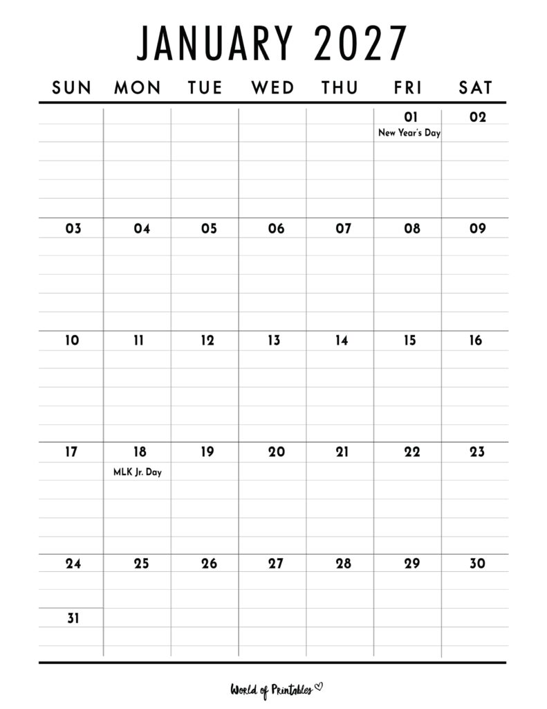 January 2027 Calendar with Holidays 2
