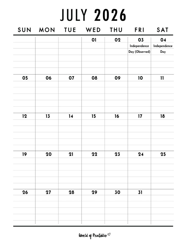 July 2026 Calendar with Holidays 2