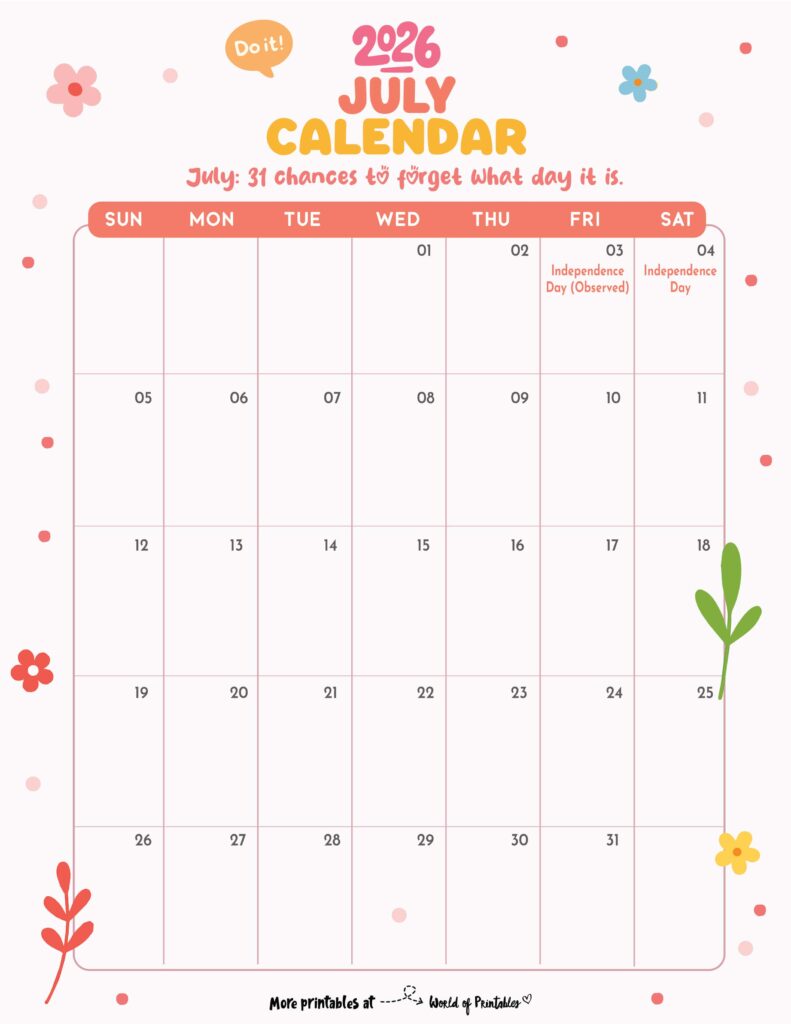 July 2026 Calendar with Holidays 3
